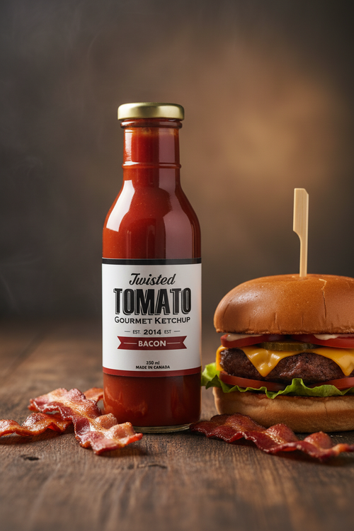 350 mL bottle of Twisted Tomato Bacon Ketchup beside a burger and pieces of bacon on a wooden table
