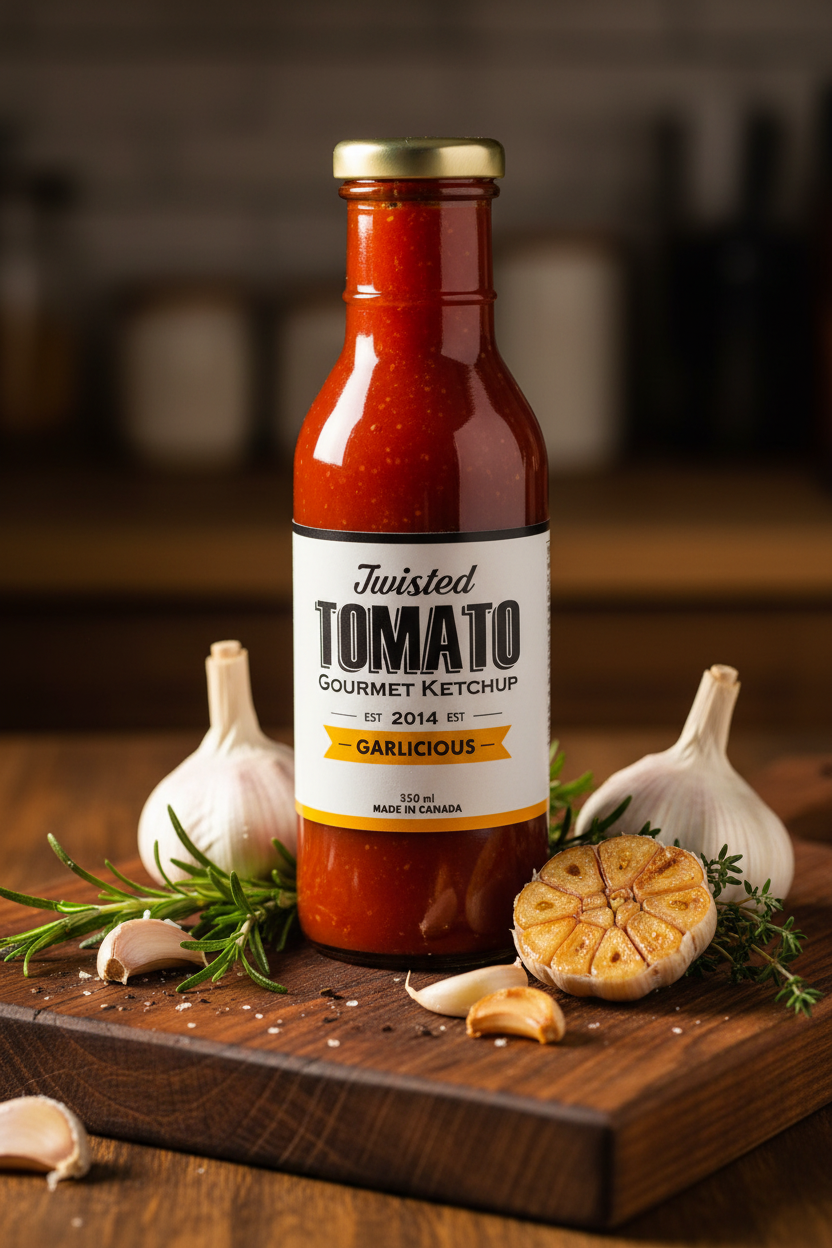 350 mL bottle of Twisted Tomato Garlic Ketchup beside garlic bulbs and roasted garlic on a wooden board
